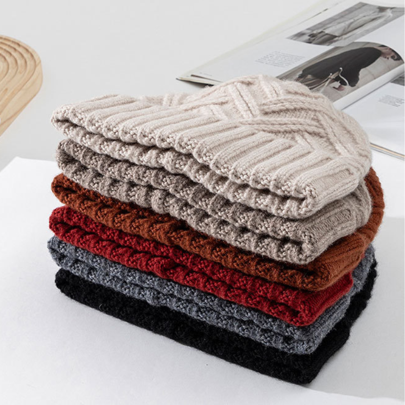 Unisex knit beanie, an essential winter accessory featuring a distinctive chevron pattern