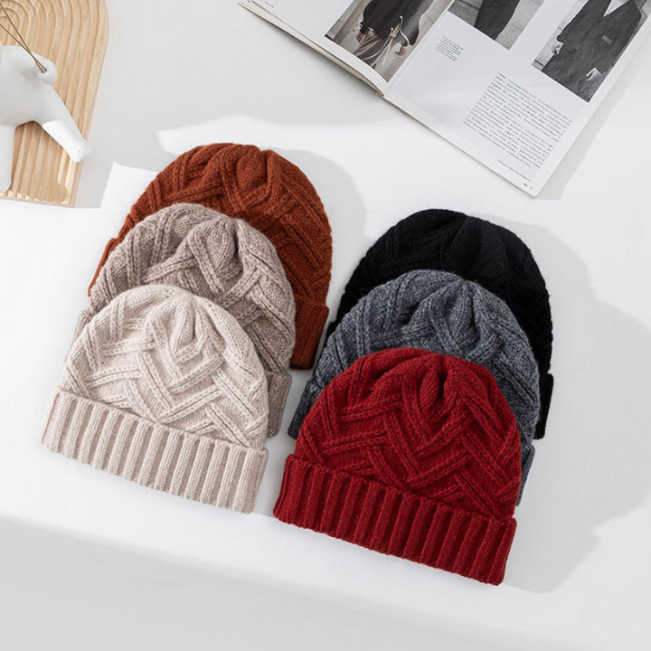 Knitted chevron beanie in a neutral color, an versatile unisex accessory for any casual outfit