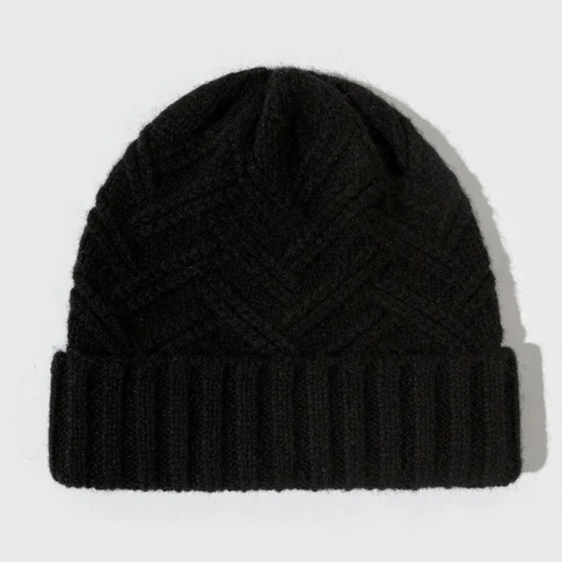 Unisex headwear: a cozy knit beanie with a bold chevron design, providing style and warmth