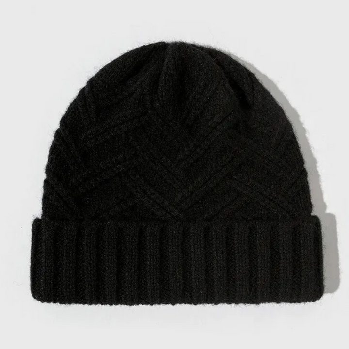 Unisex headwear: a cozy knit beanie with a bold chevron design, providing style and warmth