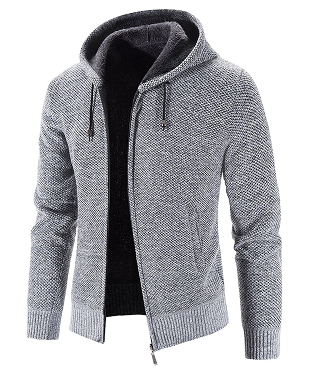 A person relaxing in a soft, cozy fleece zip-up hoodie, illustrating its comfort