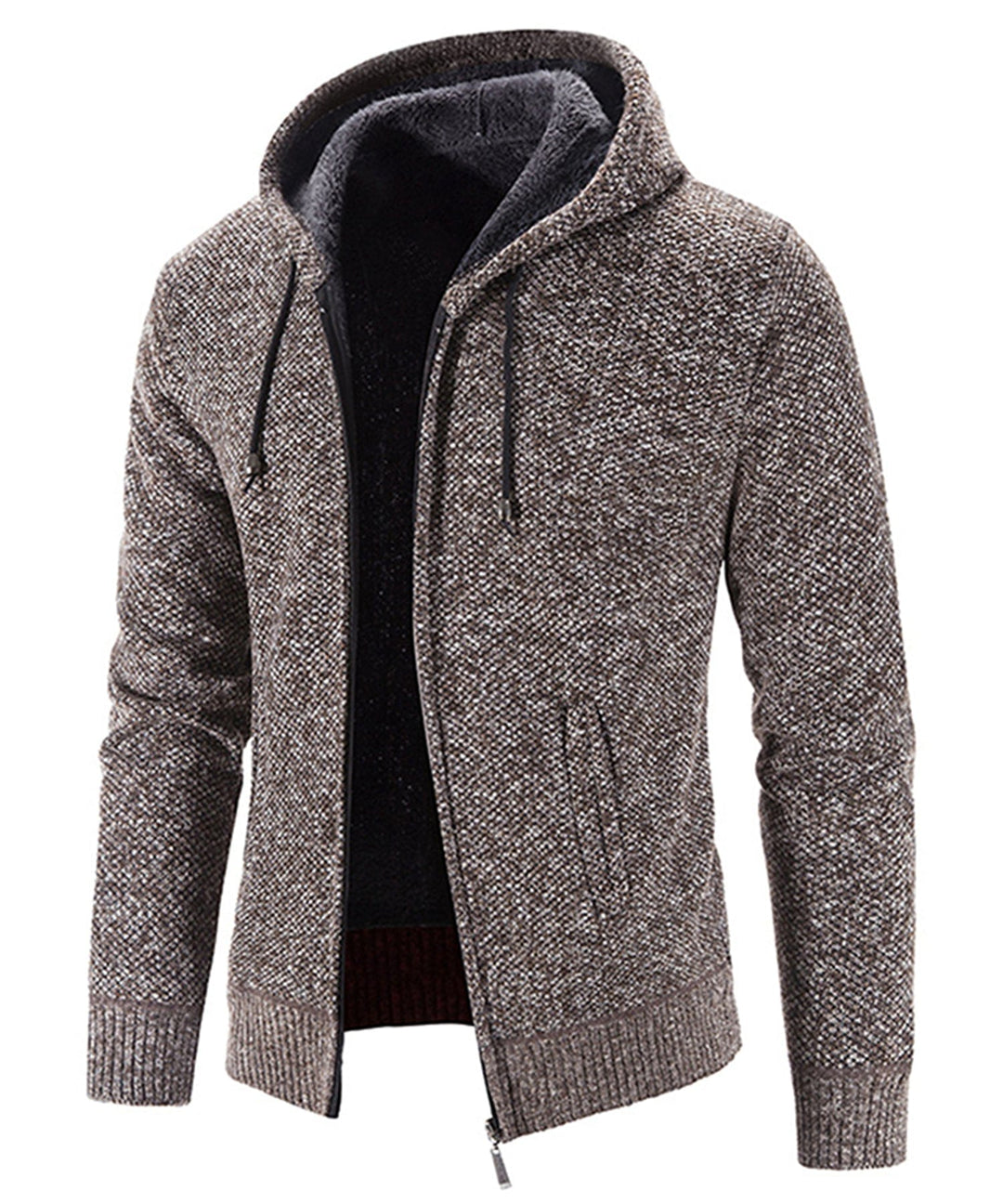 Close-up of the hood and collar area of a cozy fleece zip-up hoodie, a warm hooded sweatshirt