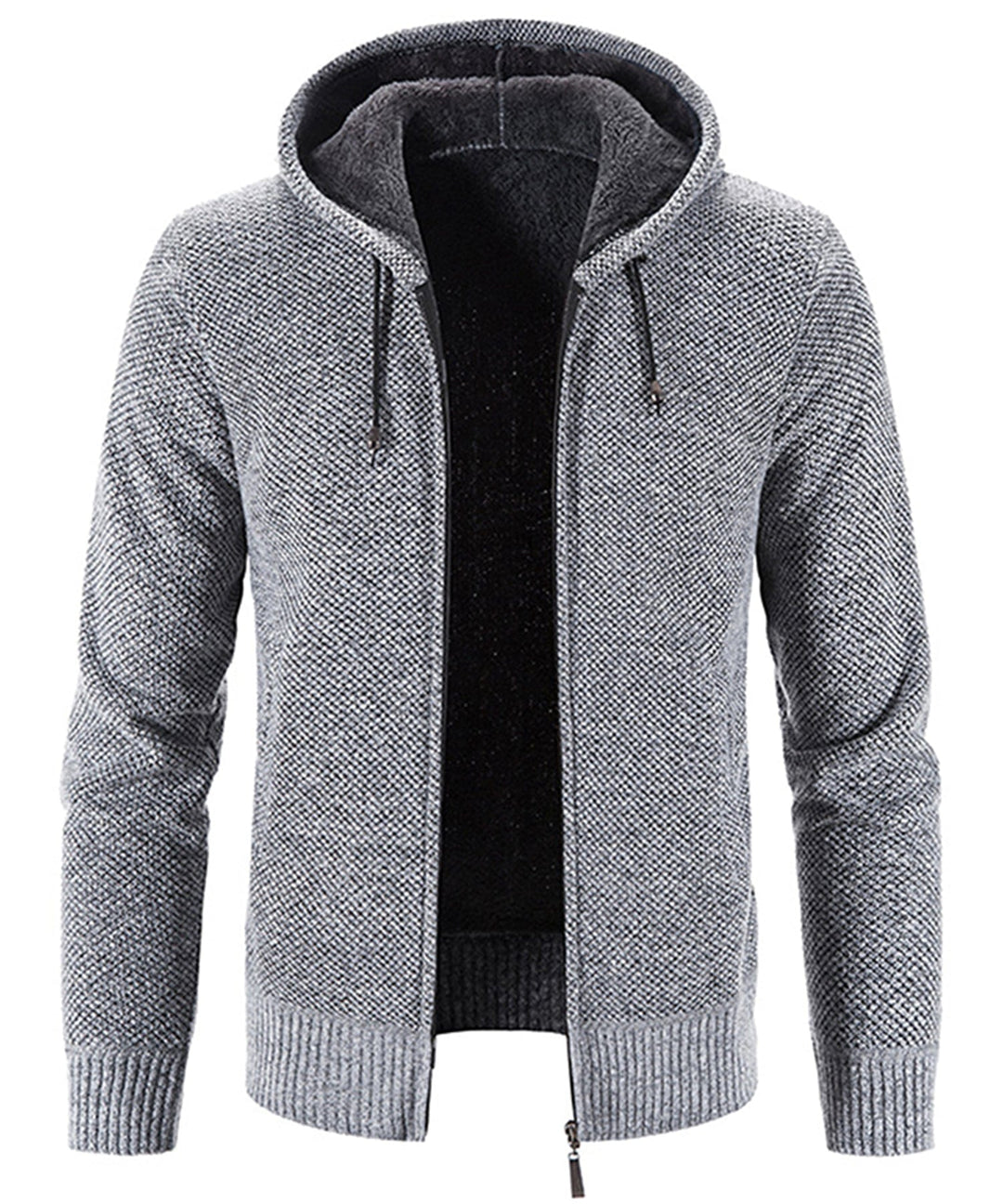 Close-up of a soft, cozy fleece zip-up hoodie featuring a substantial hood & drawstrings