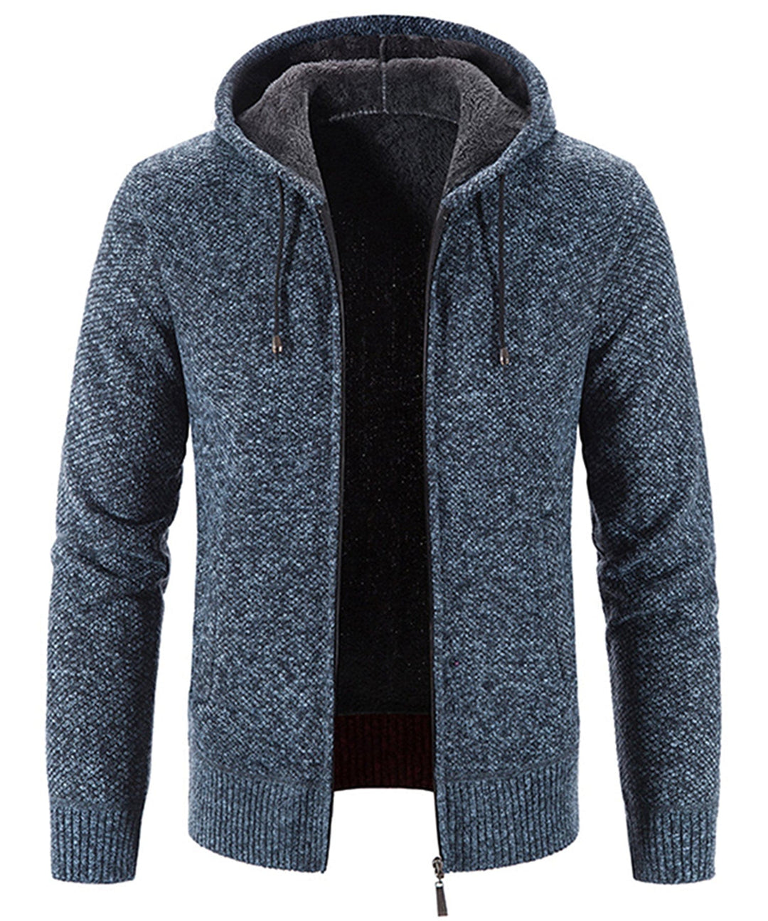 Side view of a unisex fleece zip-up hoodie, showcasing its comfortable fit and design