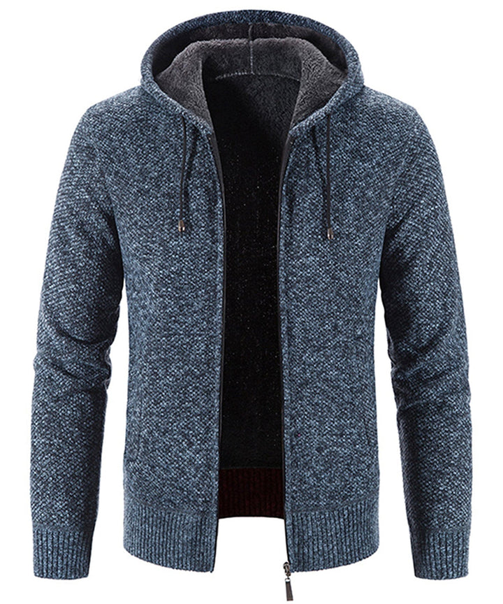 Side view of a unisex fleece zip-up hoodie, showcasing its comfortable fit and design