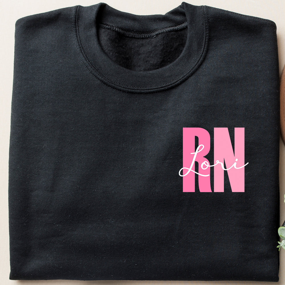 Close-up of the crewneck collar of a soft cotton blend personalized sweatshirt, neutral color