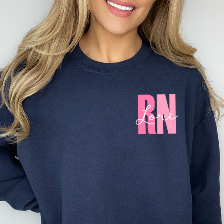 Unisex crewneck sweatshirt on a hanger, showcasing personalized print, black with white text