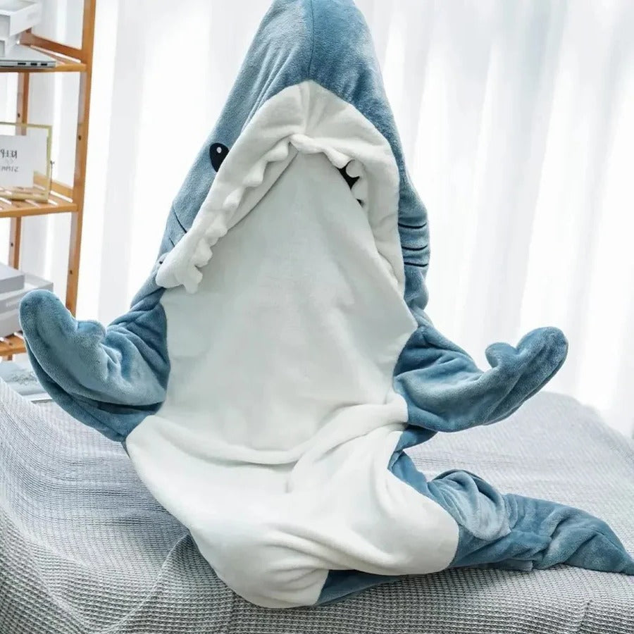 Funny shark costume wearable blanket hoodie for adults. Unique animal blanket with hood, fins & tail. Great novelty gift.