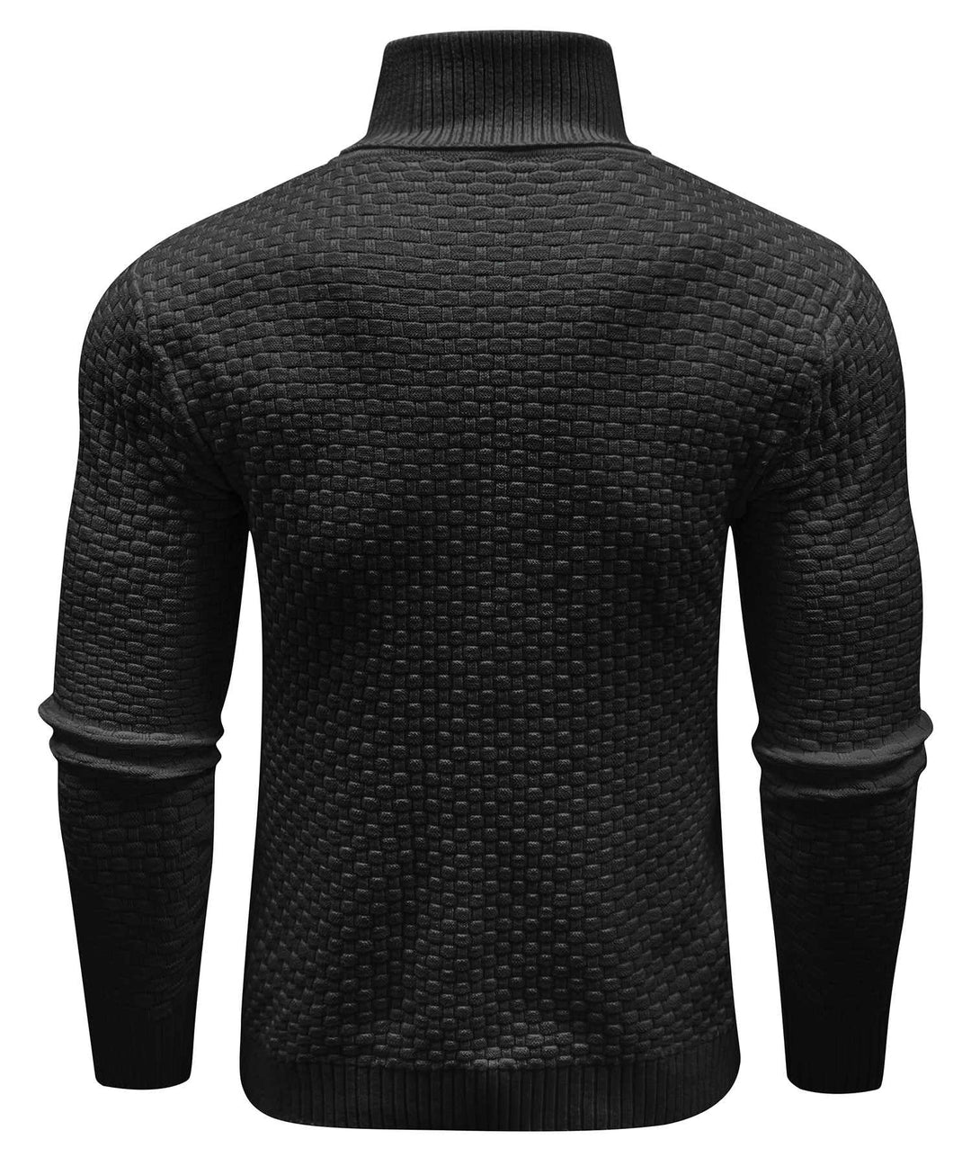 Detail shot of the ribbed turtleneck collar on a cozy unisex sweater, emphasizing comfort.
