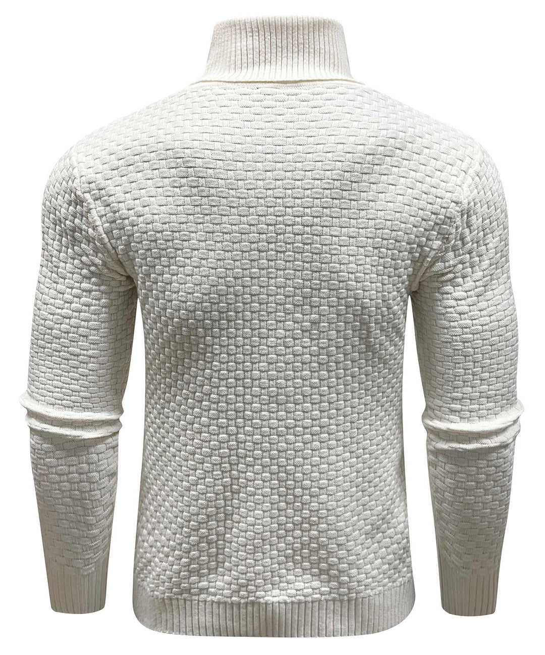 Model lounging in a comfortable, warm unisex cozy turtleneck sweater, perfect for relaxation.