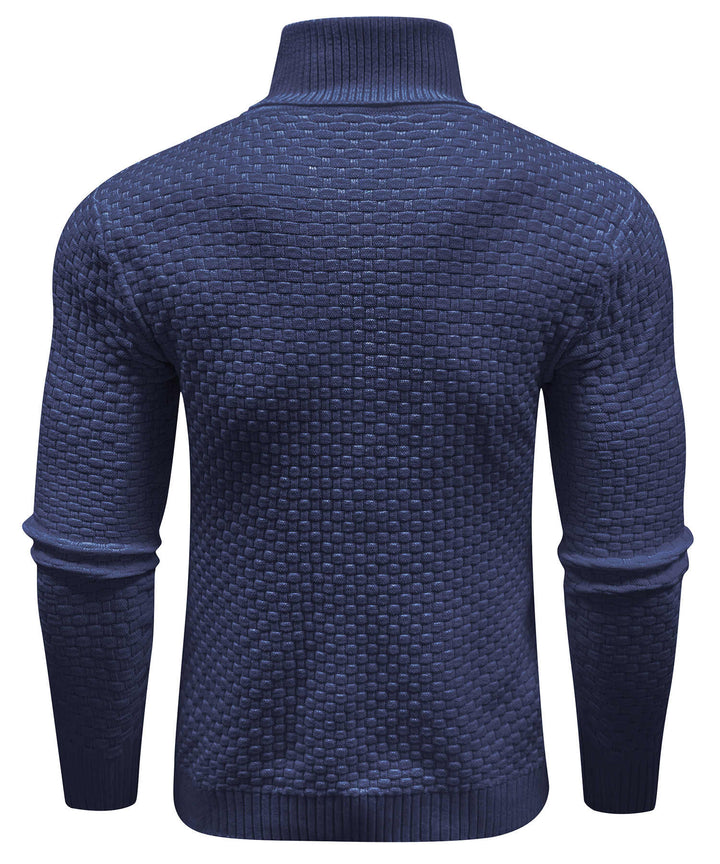 Full length shot of a unisex cozy turtleneck sweater in navy blue, suitable for various winter outfits.