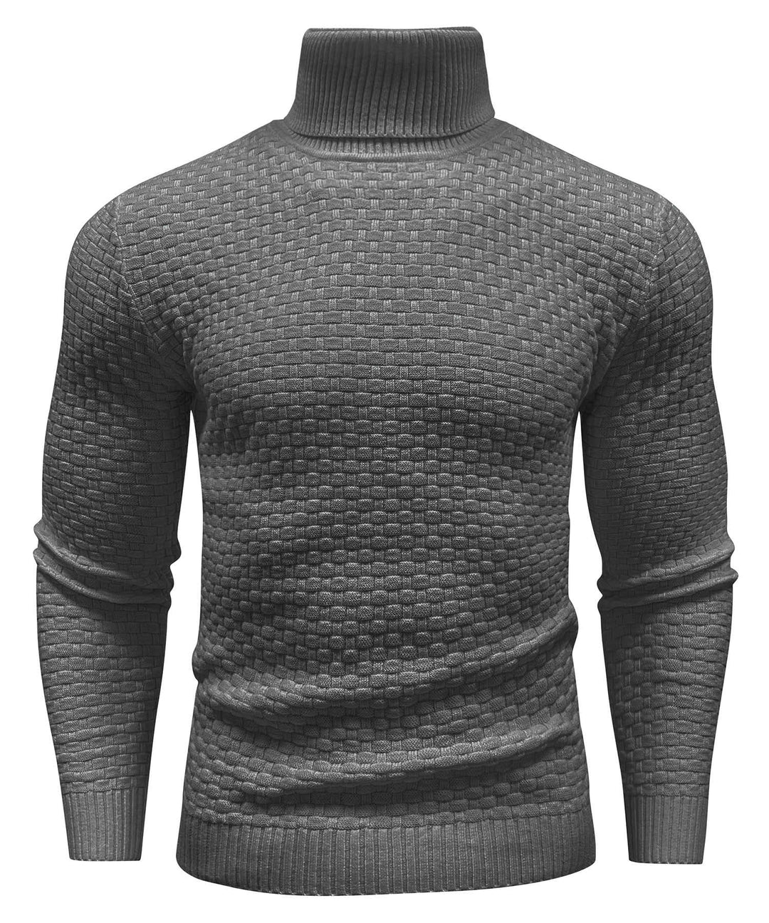 Grey unisex cozy turtleneck sweater, folded neatly to show the quality of the polyester blend knit.
