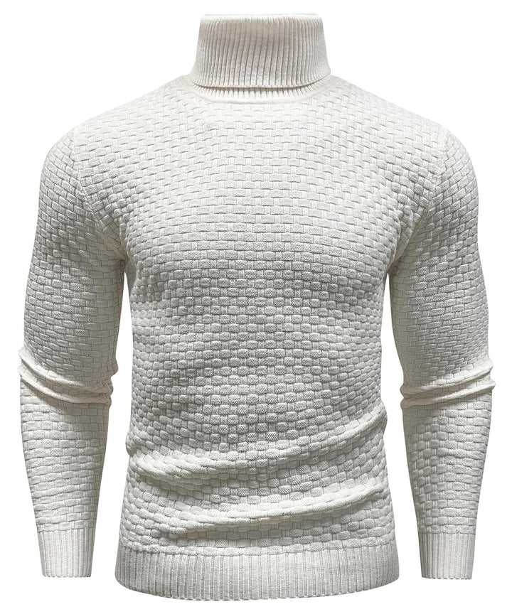 A person wearing a unisex deep purple cozy knit turtleneck sweater, demonstrating its relaxed fit.