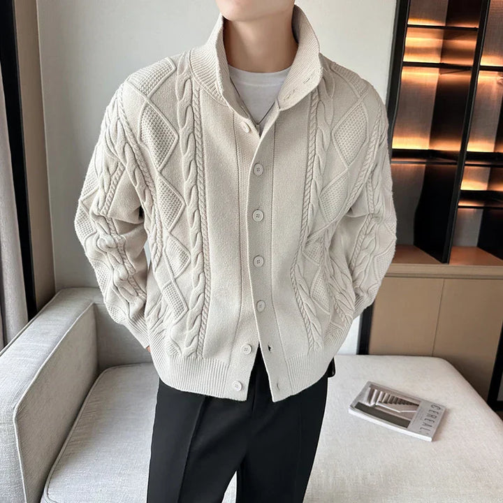 Unisex cozy wool knit cardigan sweater in classic style, perfect for layering and winter fashion.