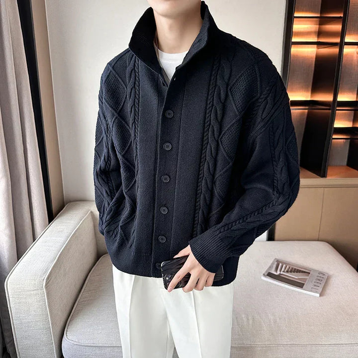 Close-up of a cozy wool knit cardigan sweater texture, highlighting the soft knit and classic design.