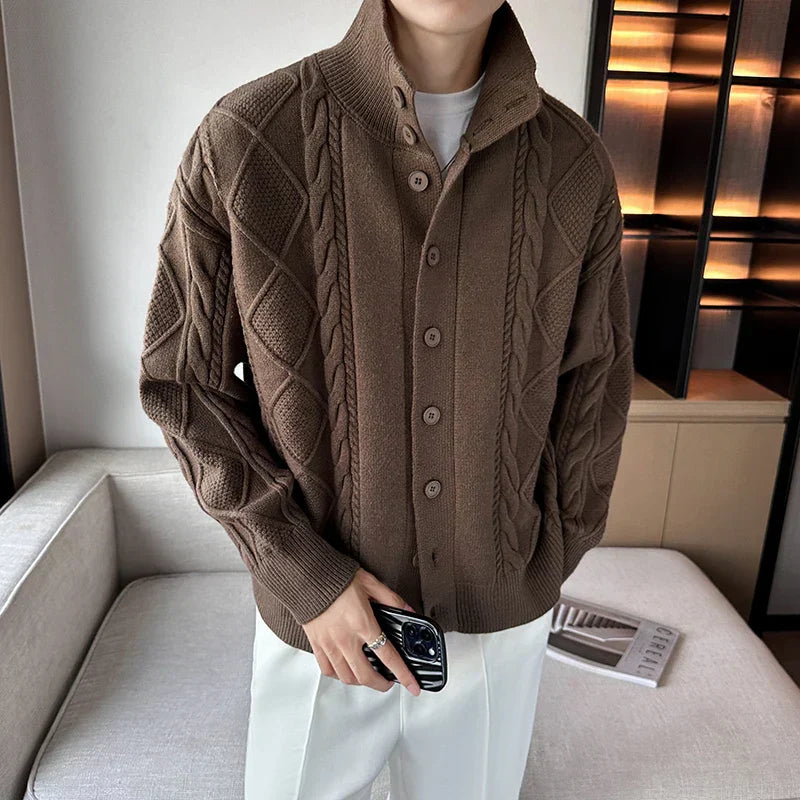Unisex wool cardigan sweater, a versatile layering piece for winter fashion and casual elegant wear.