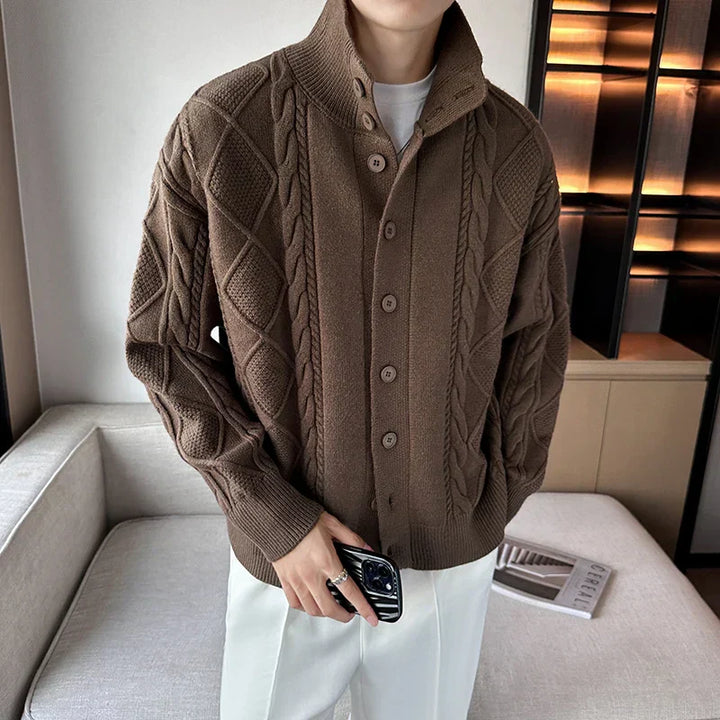 Unisex wool cardigan sweater, a versatile layering piece for winter fashion and casual elegant wear.