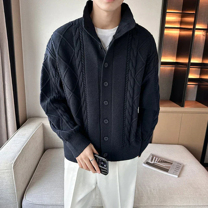 Model wearing a cozy wool knit cardigan sweater, showcasing its comfortable fit and classic style.