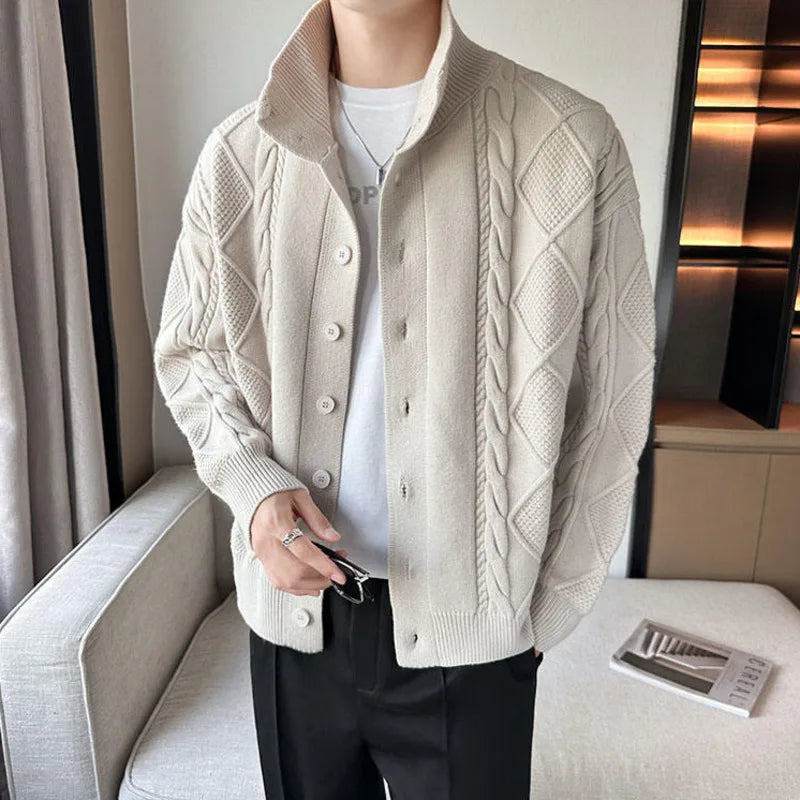 Folded unisex wool knit cardigan sweater, emphasizing its soft knit, ready for cozy wear and winter fashion.