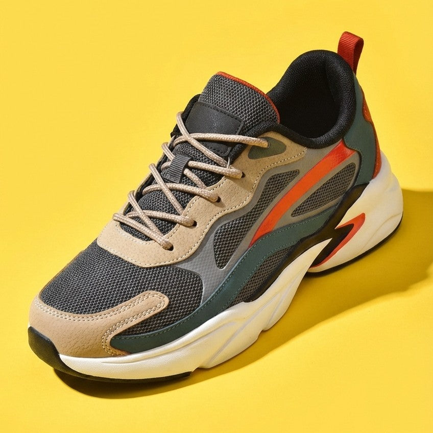 Unisex running shoes on a track, demonstrating their suitability for running and shock absorption.