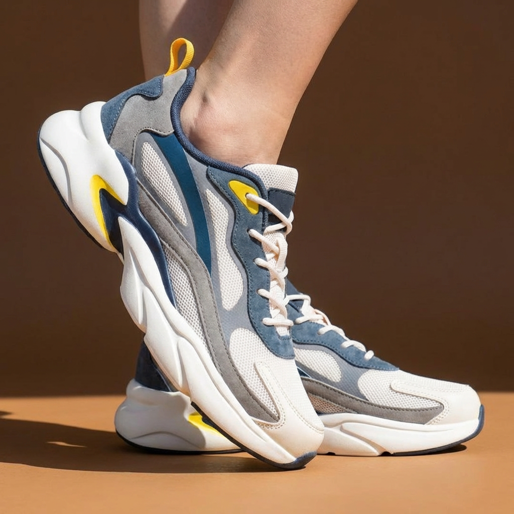 Unisex cushioned running shoes from the front, highlighting the spacious toe box for comfort.
