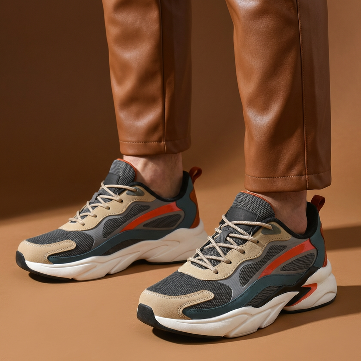 Arrangement of unisex running & walking shoes next to a measuring tape, illustrating size and fit.