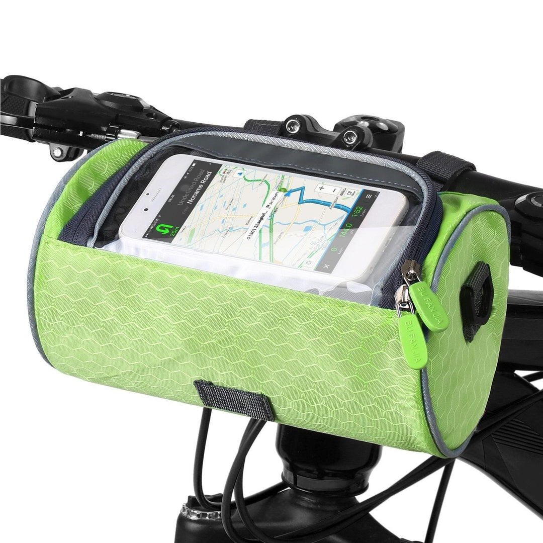 Essential bicycle gear: handlebar bag with a touchscreen phone holder for safe cycling.