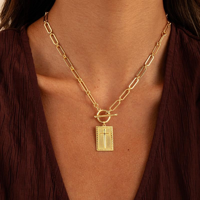 Unisex Deco Chain Cross Pendant Necklace, gold-plated, intricate design
