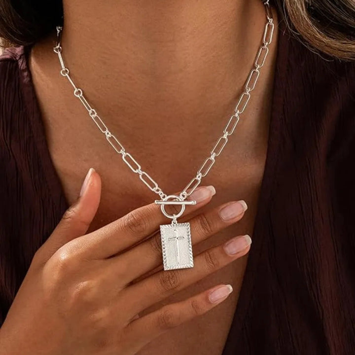 Unisex gold cross necklace with unique deco chain, statement jewelry