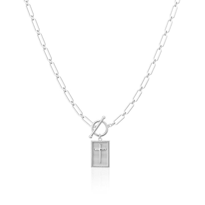 Stylized Unisex Deco Chain Cross Pendant Necklace, available in gold and silver