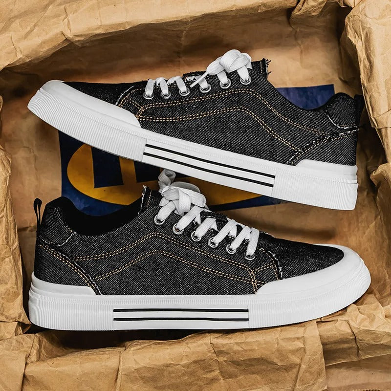 Top-down view of unisex denim low-top shoes, emphasizing their simple yet chic fashion sneaker appeal.