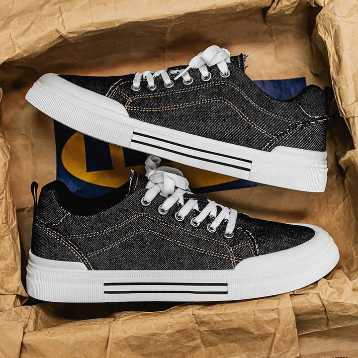 Top-down view of unisex denim low-top shoes, emphasizing their simple yet chic fashion sneaker appeal.