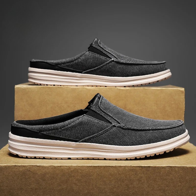 Close-up of denim mule slip-ons showcasing texture, perfect for summer