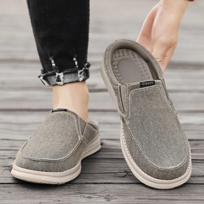 Top-down view of slip-on denim mules, ideal for quick and comfy wear