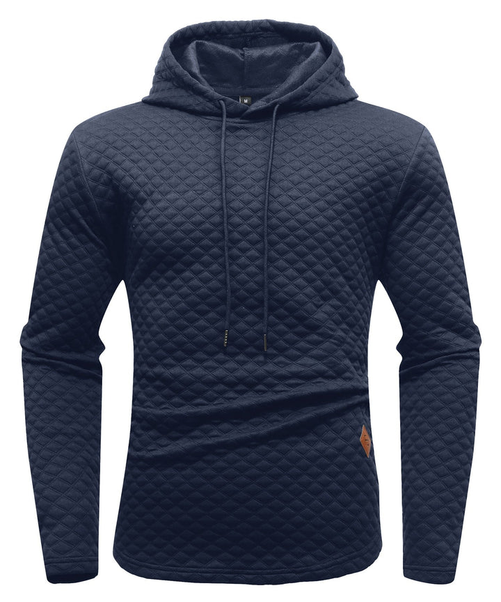 Model wearing an ash gray unisex quilted hoodie, perfect for everyday comfort and activewear. QH001-GRY-L