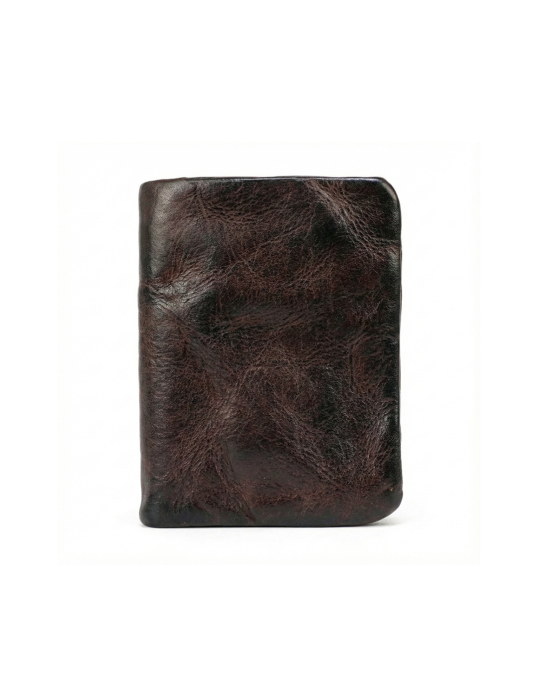 Unisex distressed leather wallet with snap closure, weathered texture