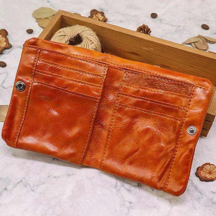 Unisex distressed leather wallet, classic design with modern snap functionality