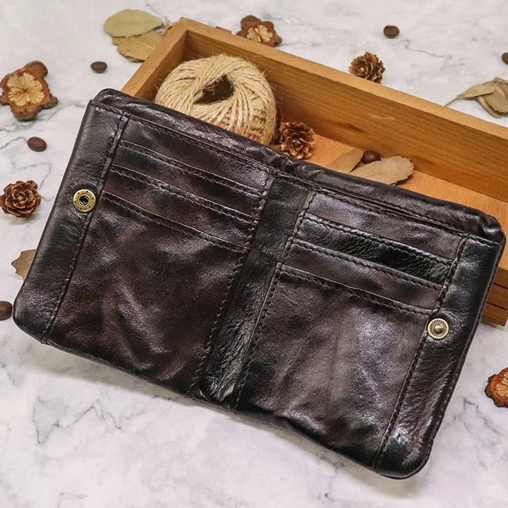 Distressed unisex wallet, handcrafted leather with a functional snap fastener