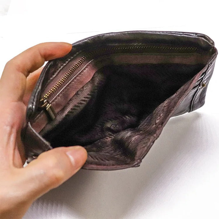 Bifold wallet, distressed look leather, versatile for men & women, snap close