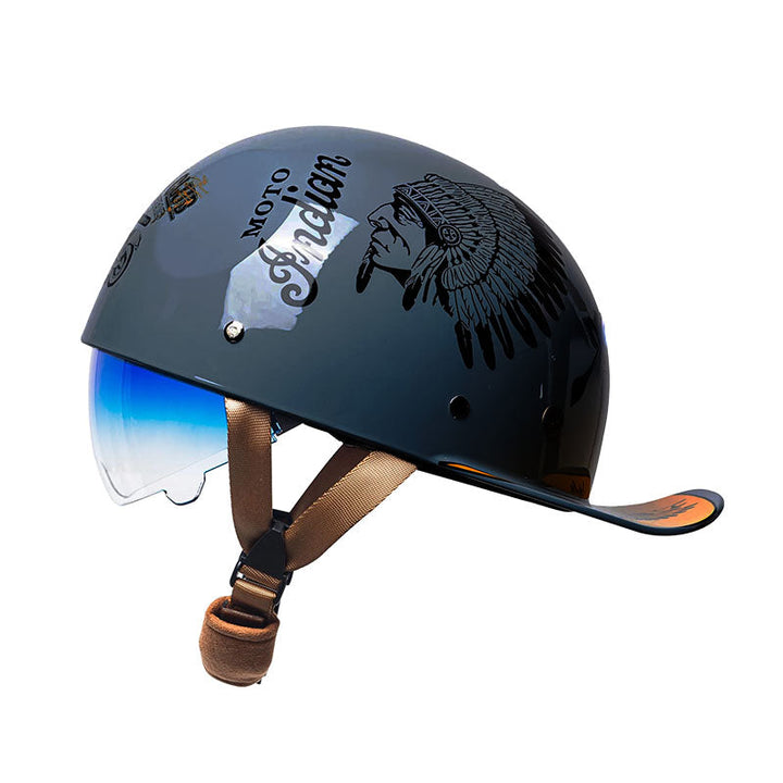 Durable DOT approved baseball half helmet, protective gear for motorcycle enthusiasts.