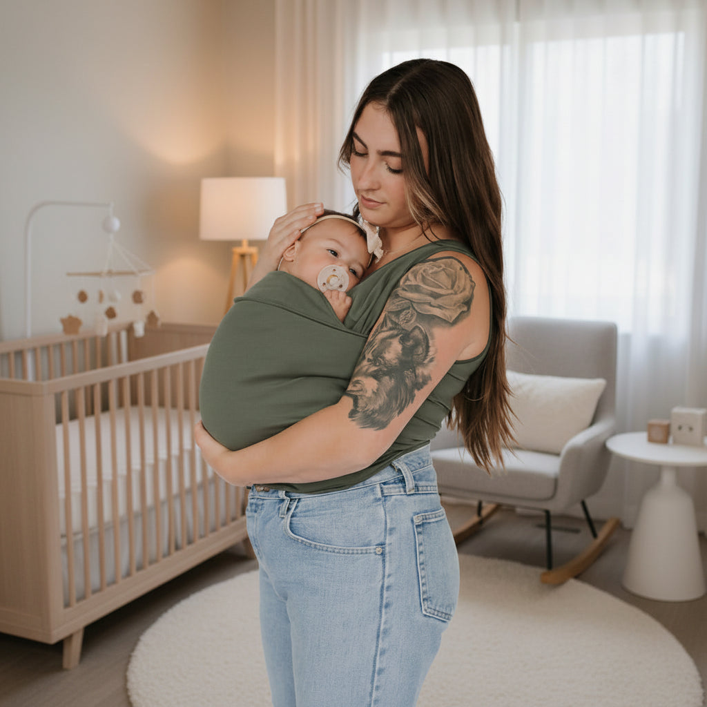 Adjustable baby carrier t-shirt for newborns and infants, offering ergonomic support & a comfortable hands-free experience.