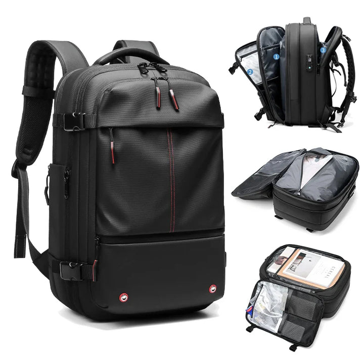 Black unisex travel backpack with compression straps, showcasing its versatile design for hiking, camping, or city use.