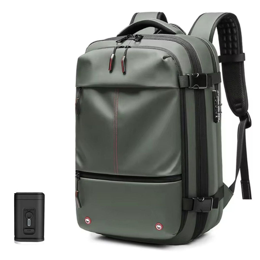 Close-up of the durable, water-resistant fabric of the unisex travel backpack, highlighting its quality and compression features.