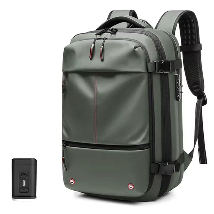 Close-up of the durable, water-resistant fabric of the unisex travel backpack, highlighting its quality and compression features.