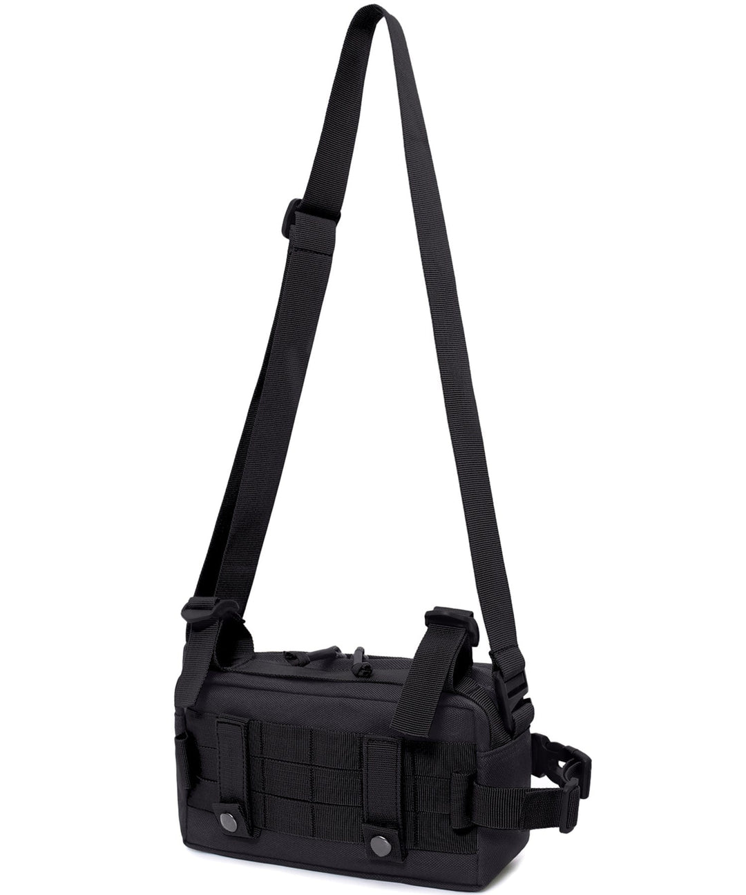 Compact Everyday Carry Sling Bag in black oxford, showcasing front zipper pocket for quick access