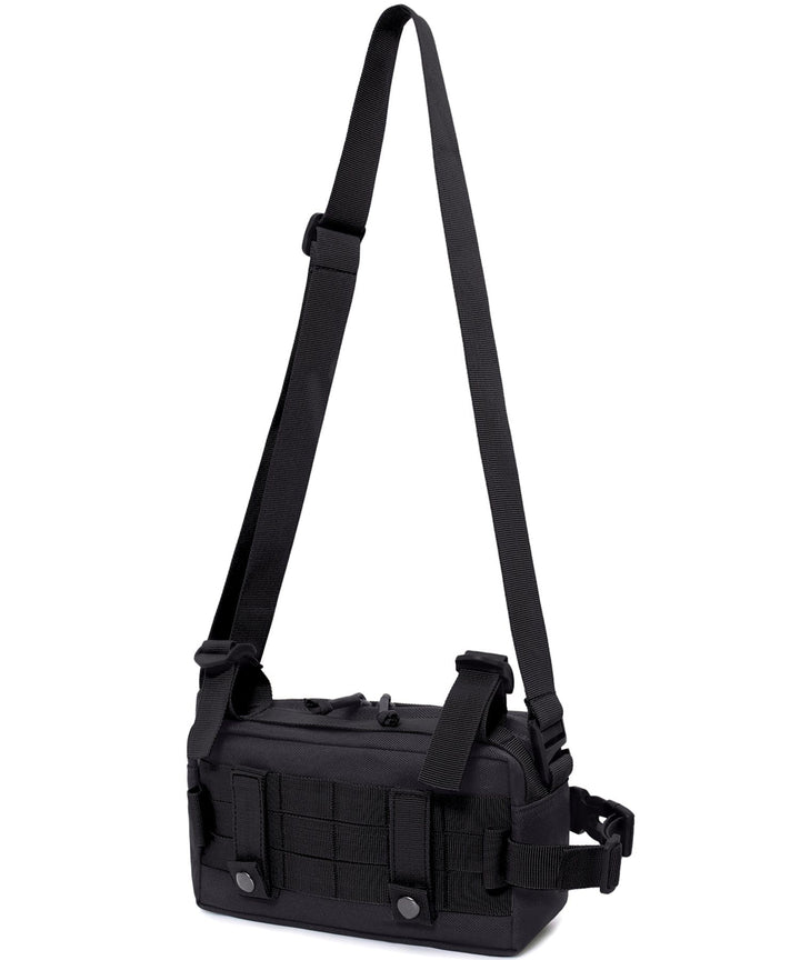 Compact Everyday Carry Sling Bag in black oxford, showcasing front zipper pocket for quick access