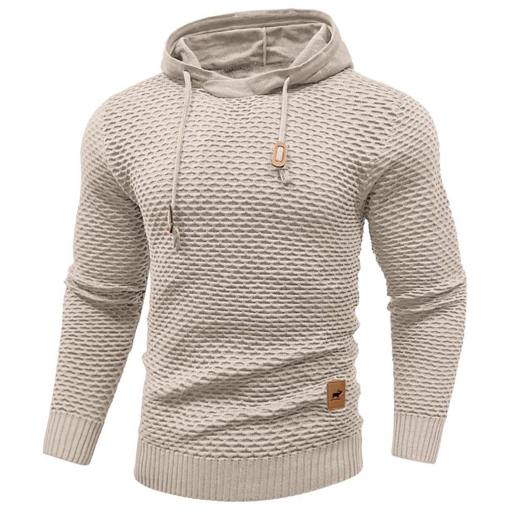 Lifestyle shot of someone wearing a casual unisex fleece pullover hoodie outdoors