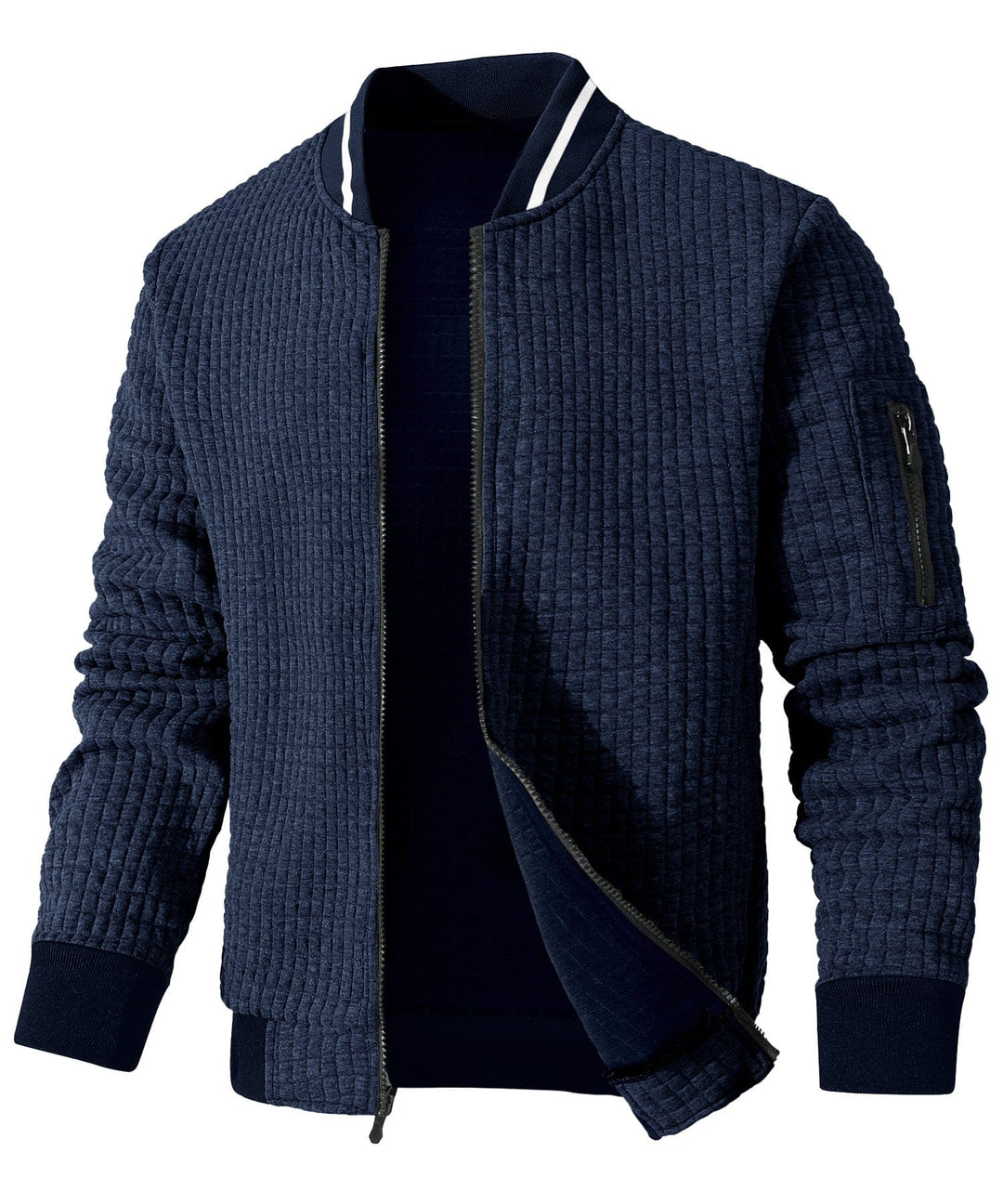 Detailed view of the Unisex Jacket's collar, designed for warmth and comfort in a lightweight package.