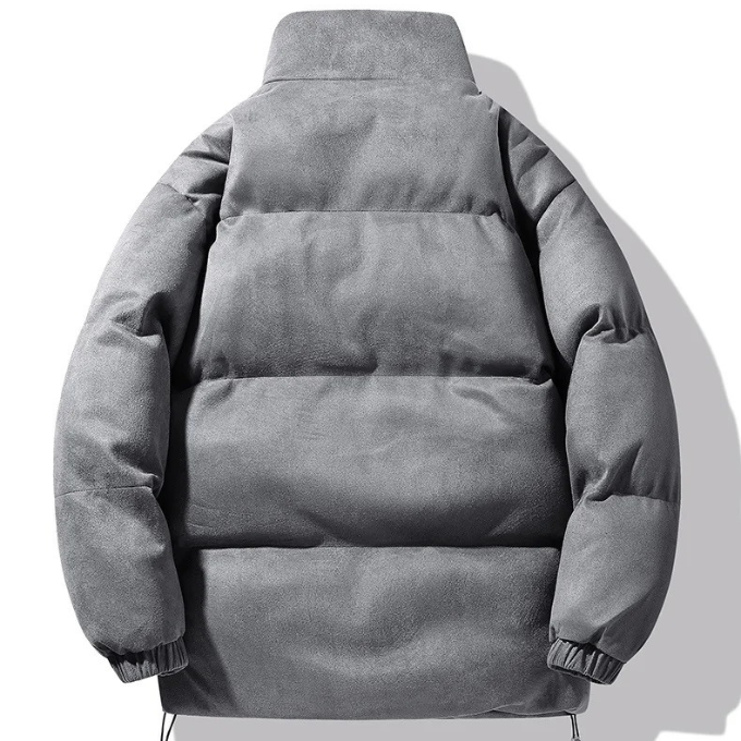 Casual unisex puffer jacket, back view, highlighting the versatile design for winter
