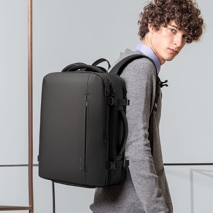 Secure laptop travel backpack, 26-45L, expandable and waterproof design.
